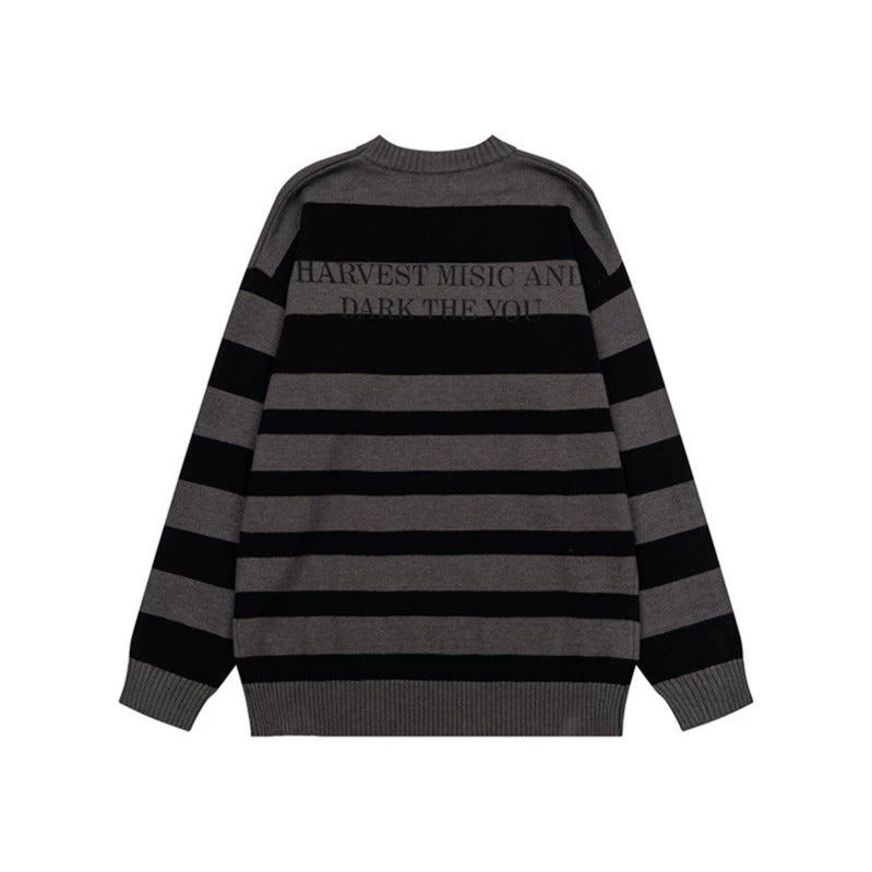 Damen Gestreifter Oversize-Strickpullover mit Rundhals und Musik-Grafik Nord Taschen