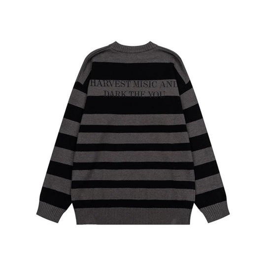 Damen Gestreifter Oversize-Strickpullover mit Rundhals und Musik-Grafik Nord Taschen