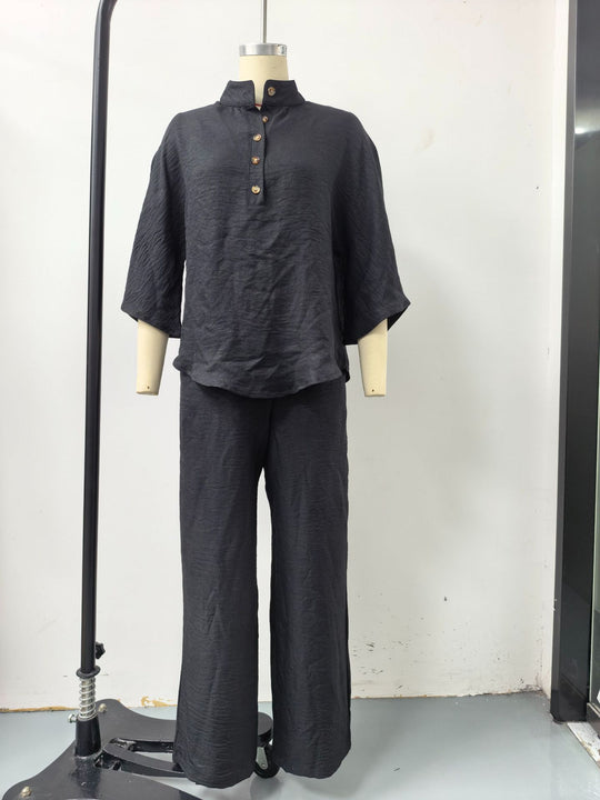 Damen Leichtes Leinen-Loungewear-Set mit Stehkragen Knopfleiste und weitem Marlene-Schnitt Nord Taschen