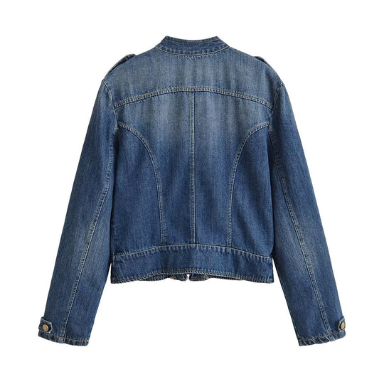 Damen Jeansjacke im Military‑Stil mit Stehkragen, doppelter Zierknopfleiste und Schulterklappen Nord Taschen