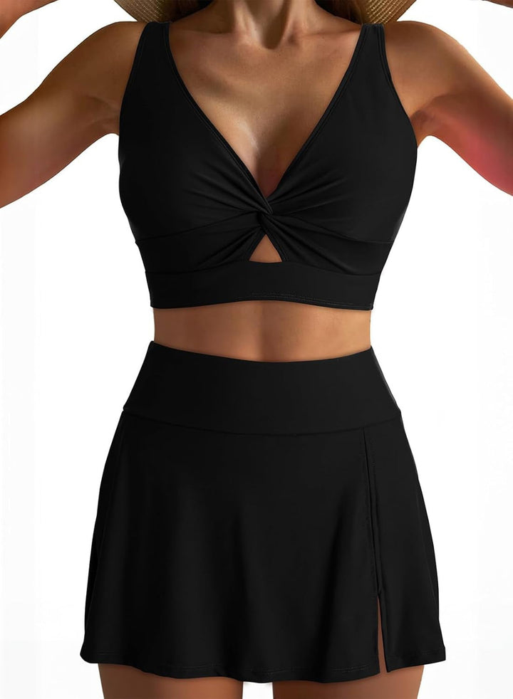 Damen Sport-Bikini-Set mit modischem Knoten-Oberteil und elegantem Rock