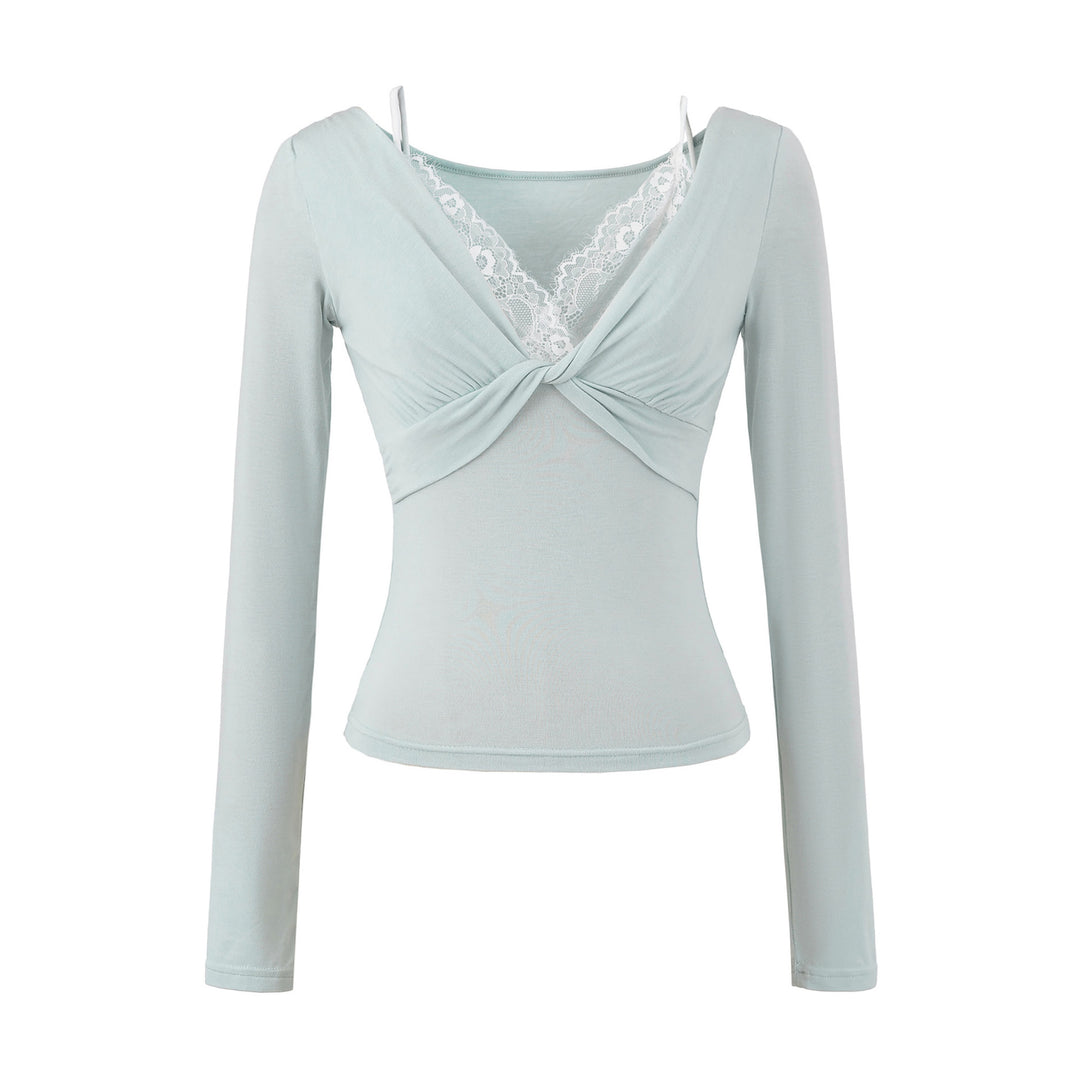 Damen Figurbetontes Langarm-Top mit Twist-Detail, Spitzeneinsatz und V-Ausschnitt Nord Taschen
