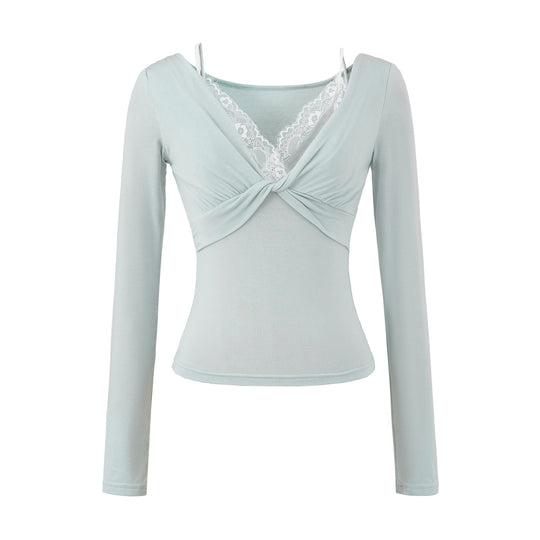 Damen Figurbetontes Langarm-Top mit Twist-Detail, Spitzeneinsatz und V-Ausschnitt Nord Taschen