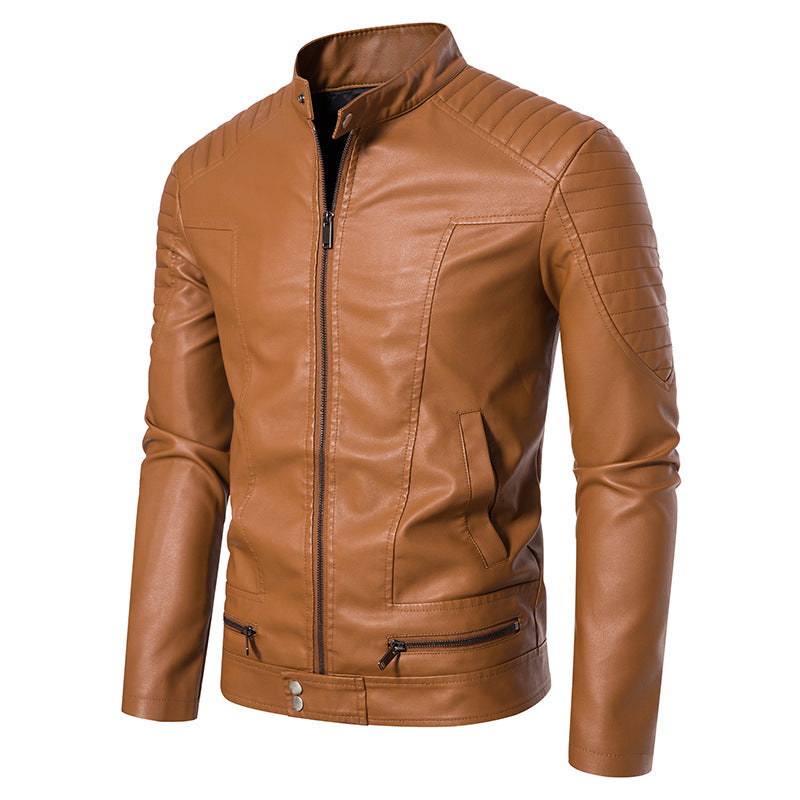 Herren Schmale Biker‑Blouson Kunstlederjacke mit Stehkragen, Ziersteppungen und Reißverschlusstaschen Nord Taschen