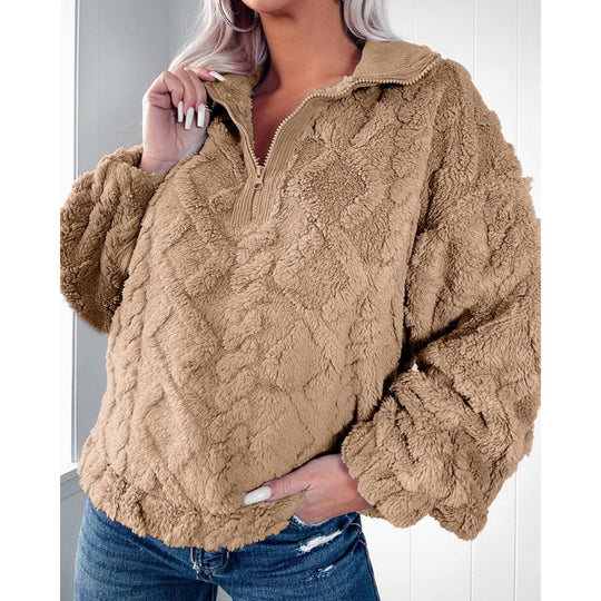 Damen Plüschpullover im Teddy-Look mit halbem Reißverschluss und strukturierter Rautenoptik Nord Taschen