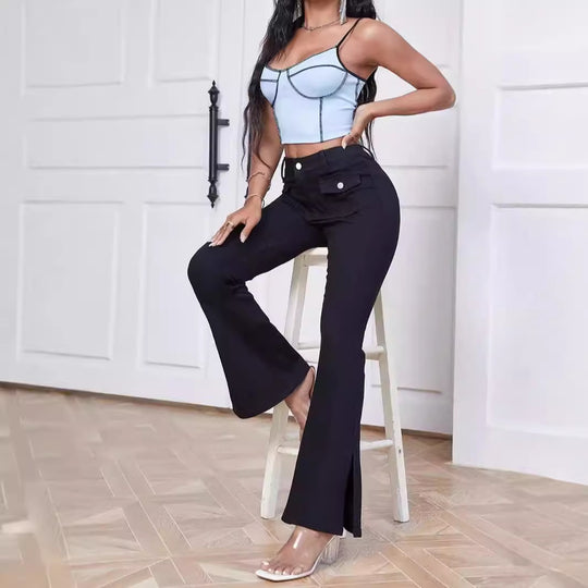 Damen High-Waist Schlaghose aus Stretch-Denim mit Taschenklappen und Frontschlitz Nord Taschen