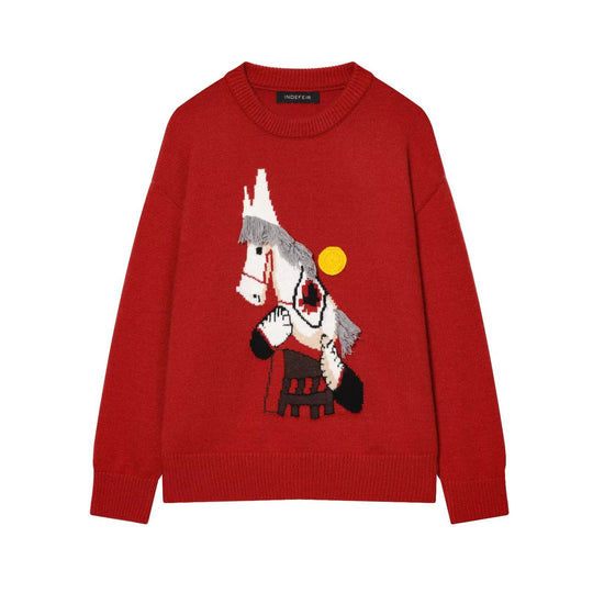 Damen Strickpullover mit Pferde-Motiv und Fransenapplikation, Oversize-Rundhals Nord Taschen