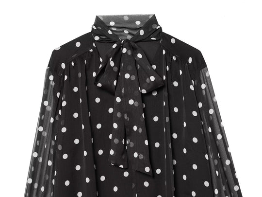 Damen Chiffonbluse mit Polka-Dot, Schleifenbindekragen und transparenten Ballonärmeln Nord Taschen