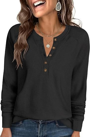 Damen Waffelstrick-Henley-Longsleeve mit Knopfleiste, Raglanärmeln und gerippten Bündchen Nord Taschen