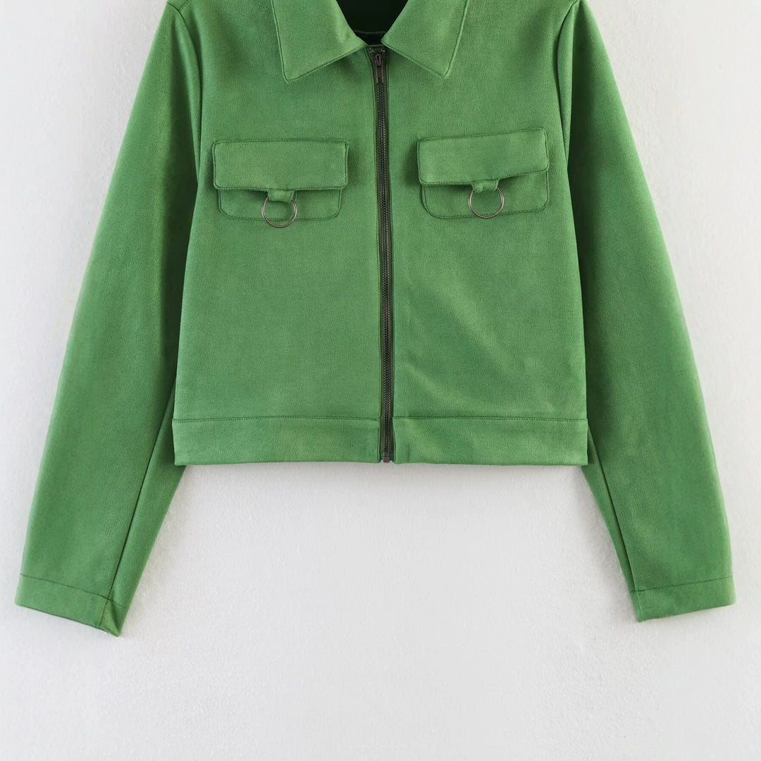 Damen Kurz geschnittene Velours‑Optik Jacke mit Brusttaschen und Reißverschluss Nord Taschen