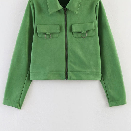 Damen Kurz geschnittene Velours‑Optik Jacke mit Brusttaschen und Reißverschluss Nord Taschen