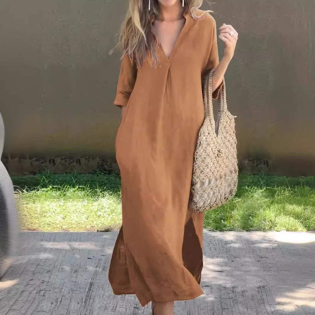 Damen Maxi-Kleid mit eleganter V-Ausschnitt und praktischen Taschen