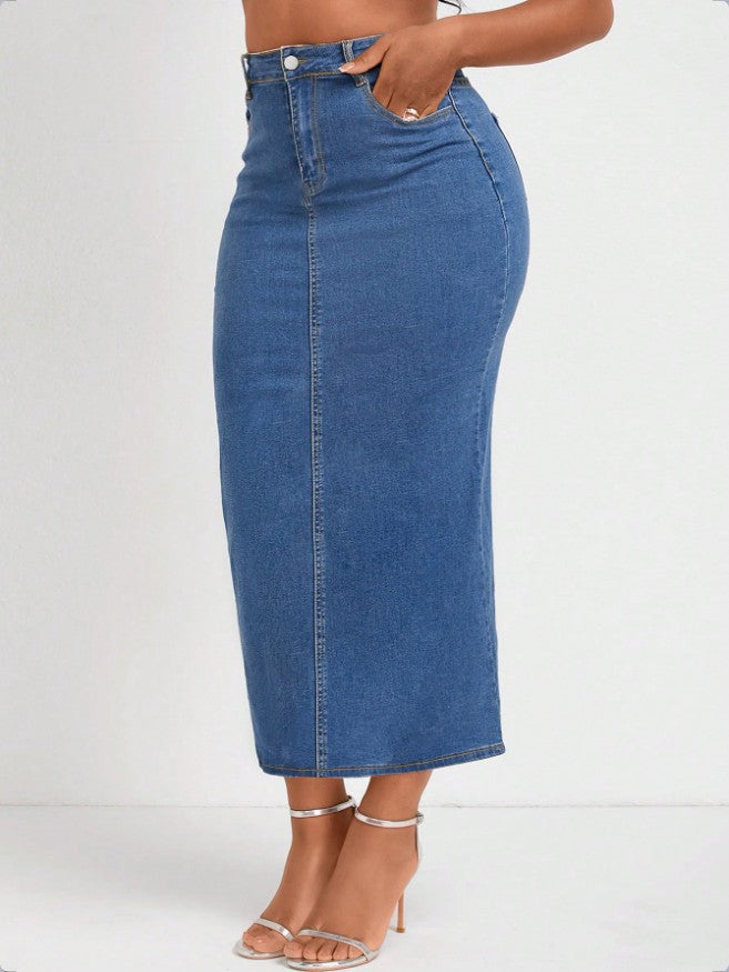 Damen Taillenhoher Stretch-Denim-Midirock mit sichtbarer Mittelnaht und Five-Pocket-Design Nord Taschen