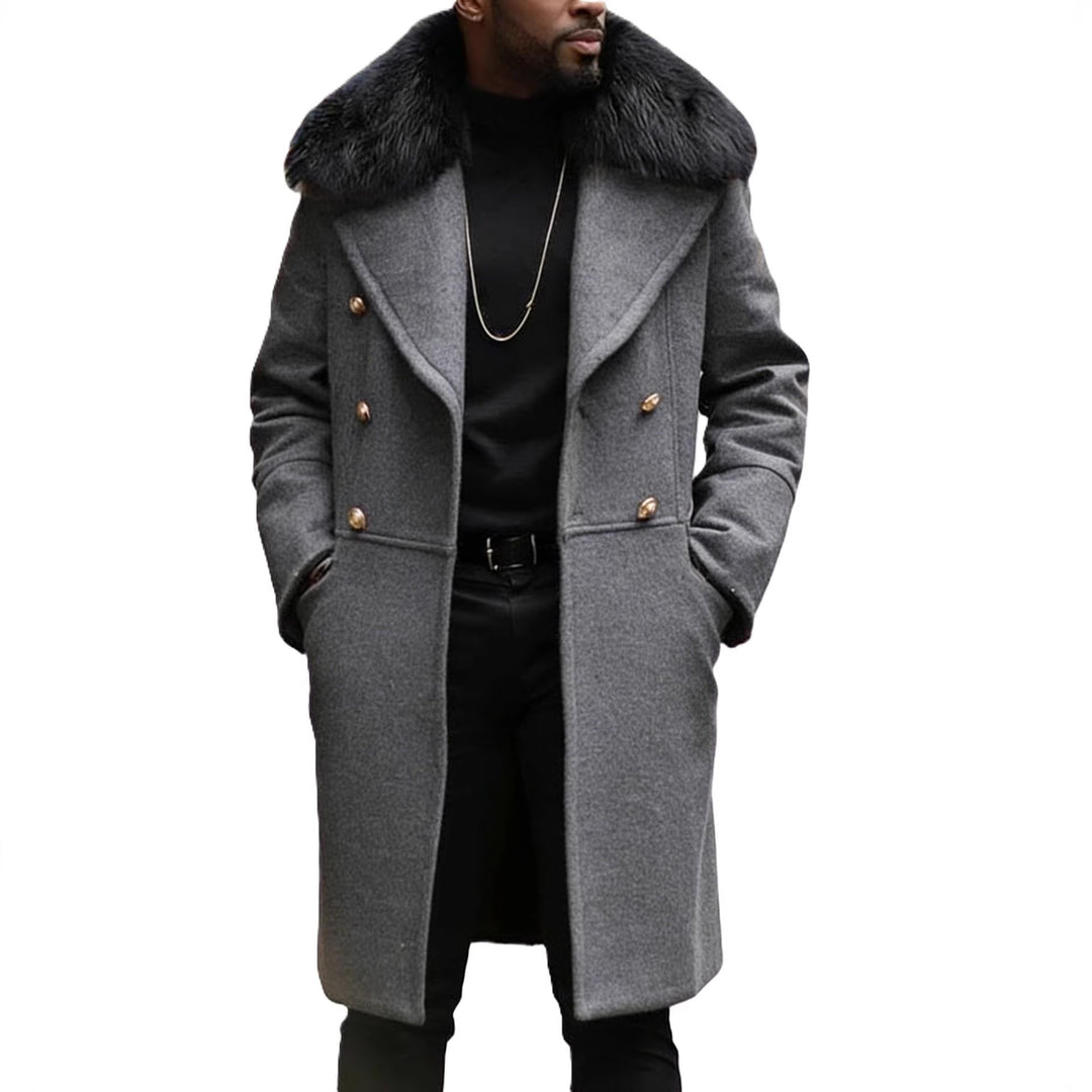 Herren Langer Doppelreihiger Mantel mit voluminösem Teddykragen und eleganten Metallknöpfen Nord Taschen
