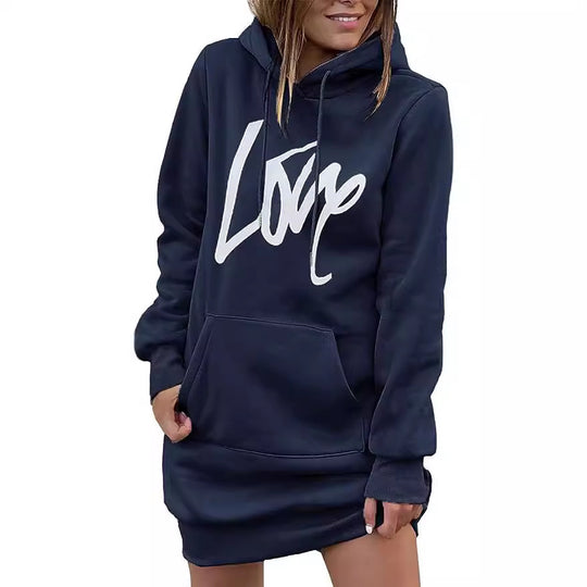 Damen Fleece-Kapuzenkleid mit Kängurutasche, Daumenlochärmeln und Oversize-Sweatshirt-Schnitt Nord Taschen