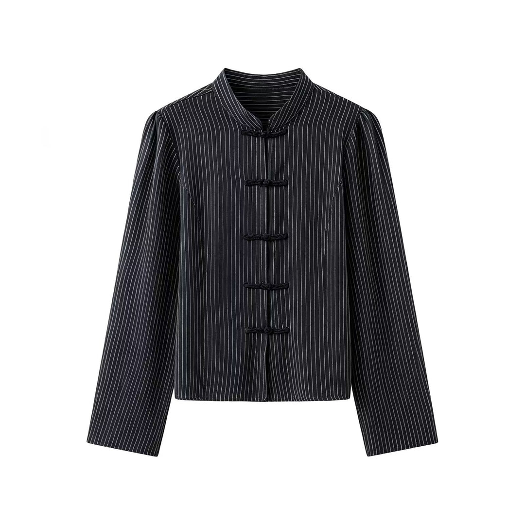 Damen Nadelstreifen-Mandarinjacke mit Knotenverschlüssen und geradem Schnitt Nord Taschen