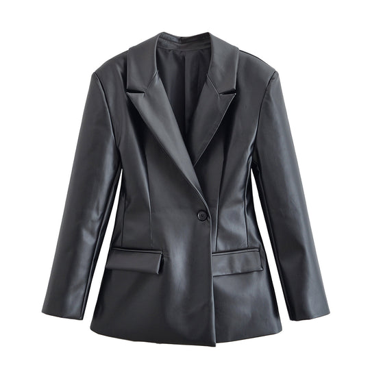 Damen Taillierter Longline-Kunstlederblazer mit Ein-Knopf-Verschluss und Pattentaschen Nord Taschen