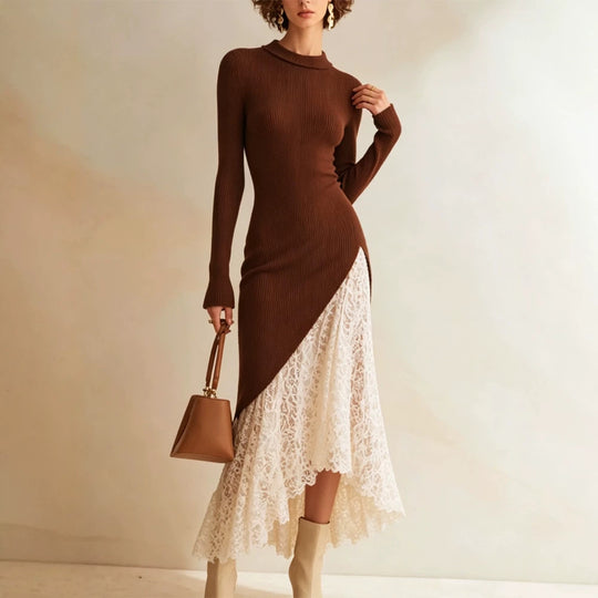 Damen Midikleid aus tailliertem Feinstrick mit asymmetrischem Spitzen-Volant Nord Taschen