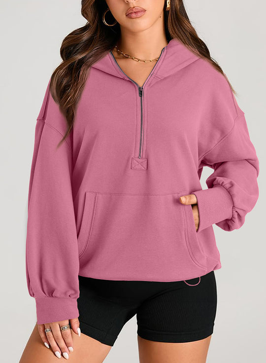 Damen Oversize-Halbreißverschluss-Kapuzenpullover mit Kängurutasche Nord Taschen