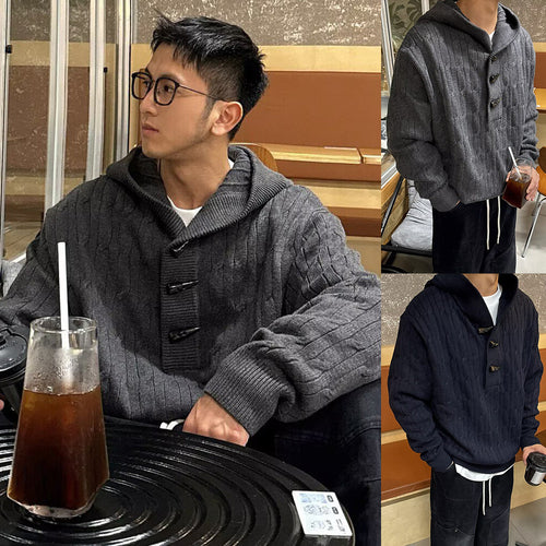 Herren Grobstrickpullover mit Kapuze und Knopfverschluss Nord Taschen