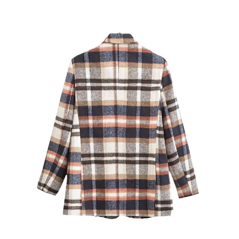Damen Karierter Wollmix-Einreiher Blazer mit Reverskragen und Pattentaschen Nord Taschen