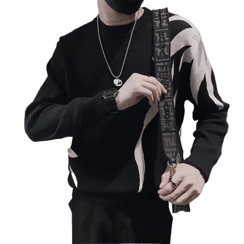Herren Strickpullover mit abstraktem Flammen‑Jacquard und Rundhalsausschnitt Nord Taschen