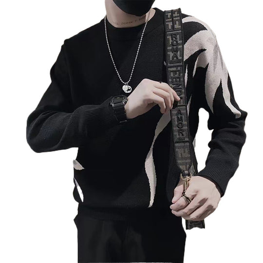 Herren Strickpullover mit abstraktem Flammen‑Jacquard und Rundhalsausschnitt Nord Taschen