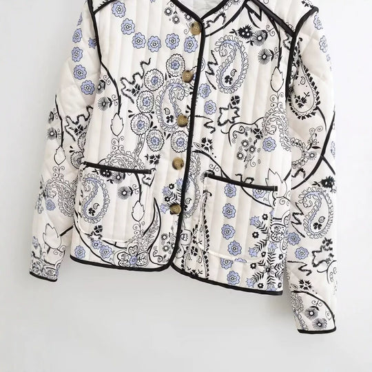 Damen Gesteppte Kurzjacke mit Paisley‑Blumenprint, Rundhalsausschnitt und Kontrastpaspel Nord Taschen