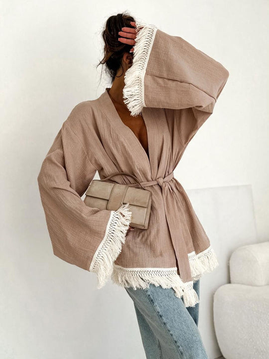 Damen Fransen-Kimono-Jacke aus Leinenoptik mit Taillengürtel Nord Taschen