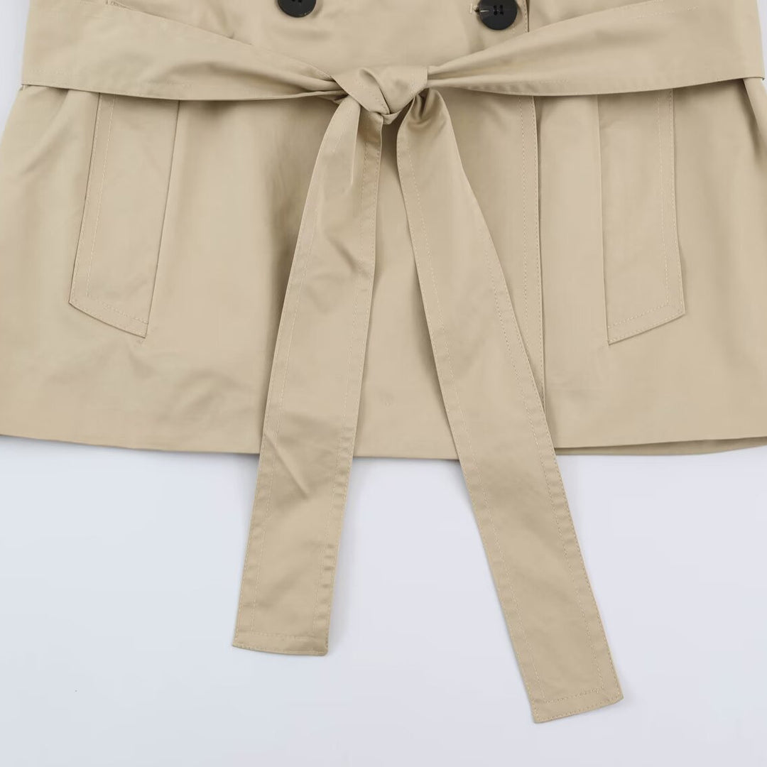 Damen Kurzer leichter Trench-Mantel mit Bindegürtel, überschnittenen Schultern und doppelter Knopfleiste Nord Taschen