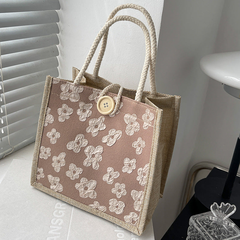 Damen Jute-Tragetasche mit floralem Muster und stabilem Knopfverschluss Nord Taschen