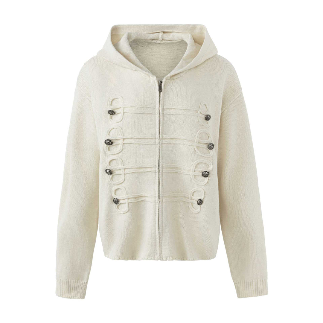 Damen Kapuzen-Strickjacke mit militärischen Zierknöpfen und Reißverschluss Nord Taschen