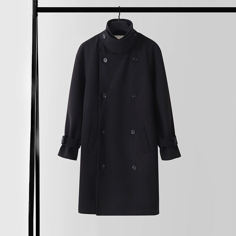 Herren Dramatisch geschnittener Doppelreihiger Wollmix-Longcoat mit Kragenlaschen und Bindegürtel Nord Taschen