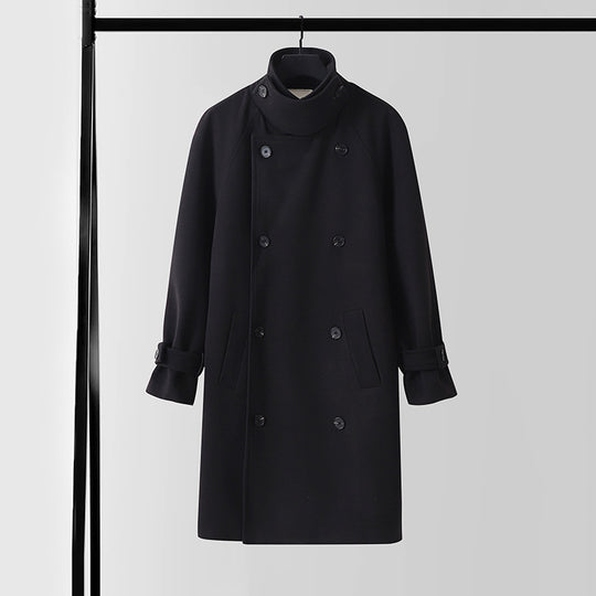 Herren Dramatisch geschnittener Doppelreihiger Wollmix-Longcoat mit Kragenlaschen und Bindegürtel Nord Taschen