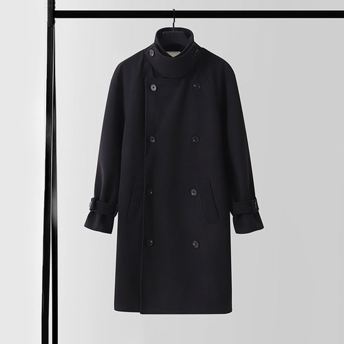 Herren Dramatisch geschnittener Doppelreihiger Wollmix-Longcoat mit Kragenlaschen und Bindegürtel Nord Taschen