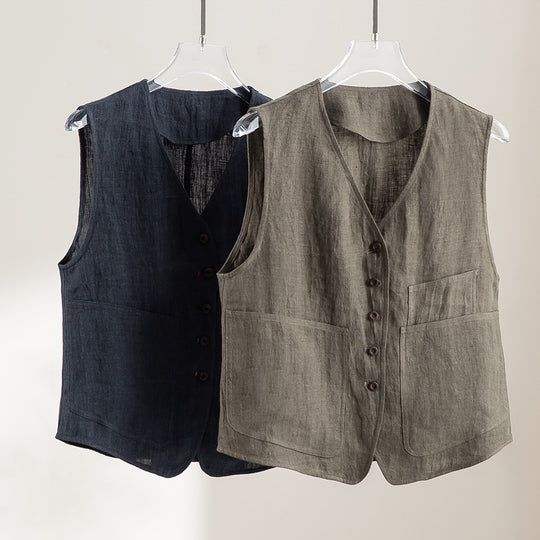 Damen Leichte Leinenweste im Utility-Look mit V-Ausschnitt und großen Aufgesetzten Taschen Nord Taschen