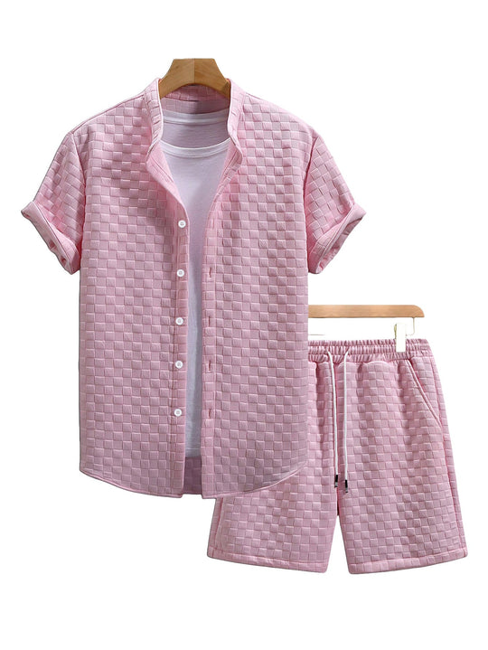 Herren nan zweiteiliges Sommerensemble mit Stehkragen-Hemdjacke und elastischen Komfort-Shorts in geprägter Karo-Textur - Arvani
