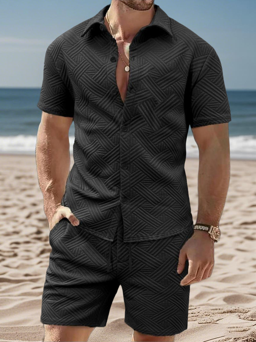 Herren nan geprägtes Strand-Ensemble mit offenem Kurzarm-Hemd und Kordel-Bermuda