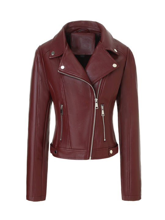 Damen Kurz geschnittene taillierte Bikerjacke aus Nappaleder mit asymmetrischem Reißverschluss Nord Taschen