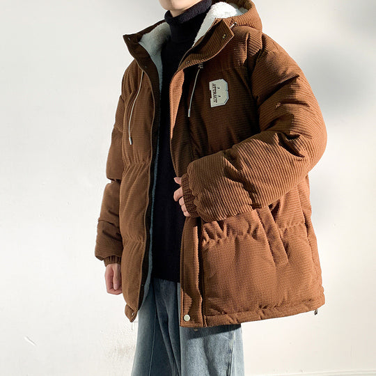 Herren Gepolsterte Cord-Steppjacke mit Kapuze, Teddyfleece-Innenfutter und Oversize-Schnitt Nord Taschen