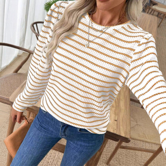 Damen Gestreiftes Feinstrick-Longsleeve mit strukturierter Masche und Rundhals Nord Taschen