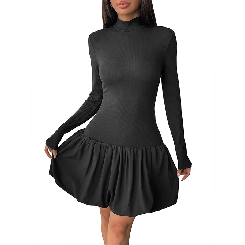 Damen Langes Kleid mit Rüschen- und Rollkragen Nord Taschen