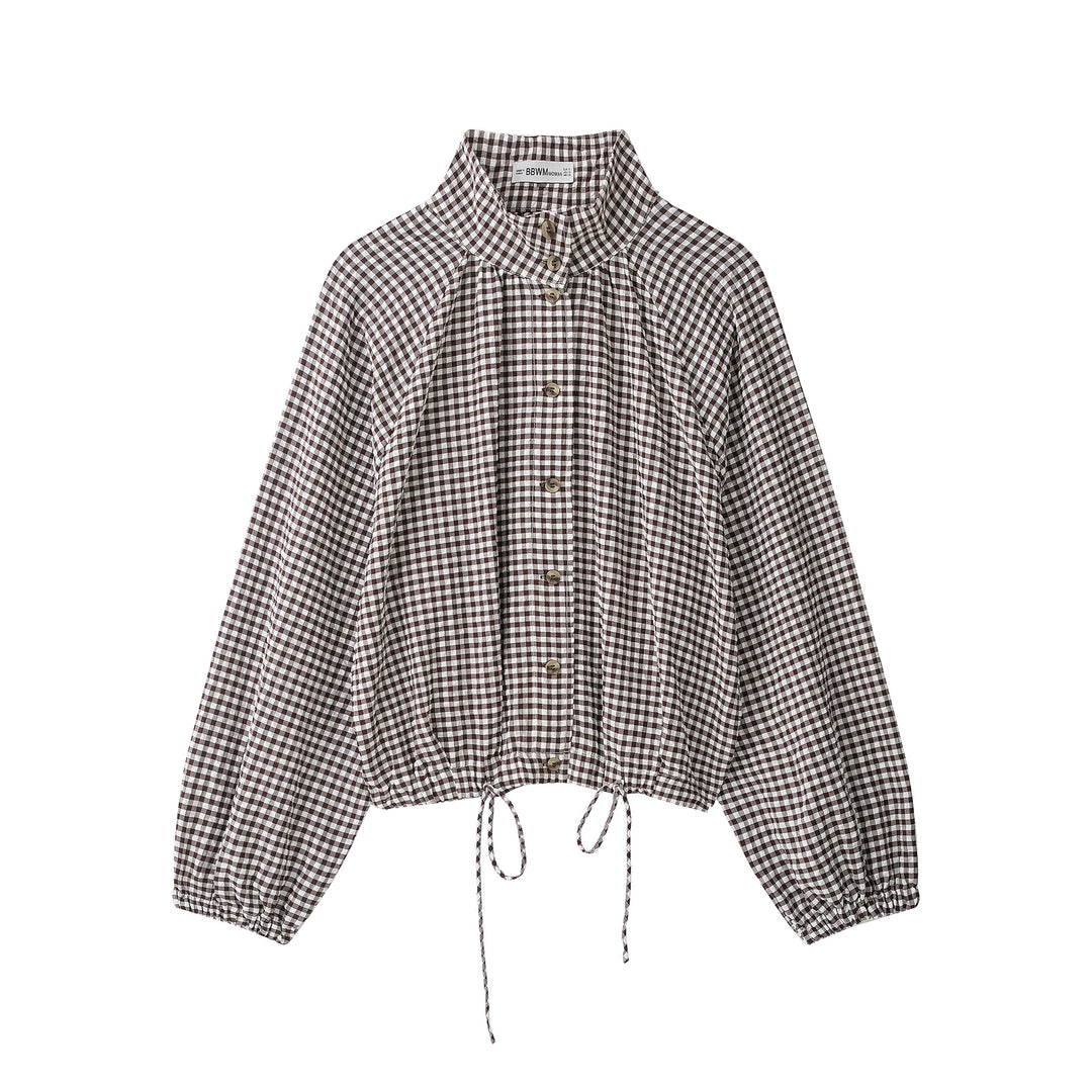 Damen Karo-Bluse mit Stehkragen, Knopfleiste und Tunnelzug-Saum Nord Taschen