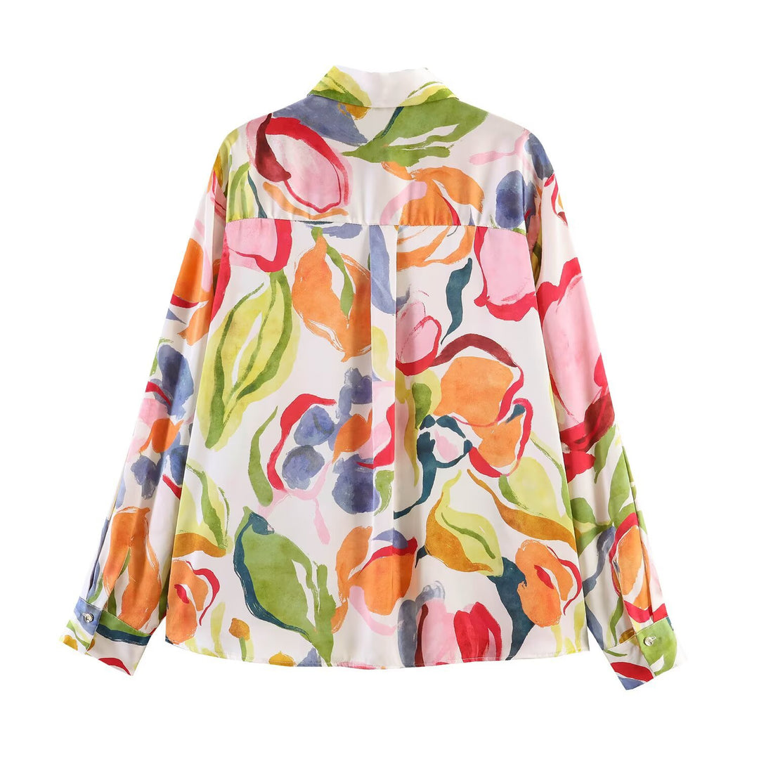 Damen bedruckte Oversize-Bluse mit Hemdkragen und Perlmuttknöpfen Nord Taschen