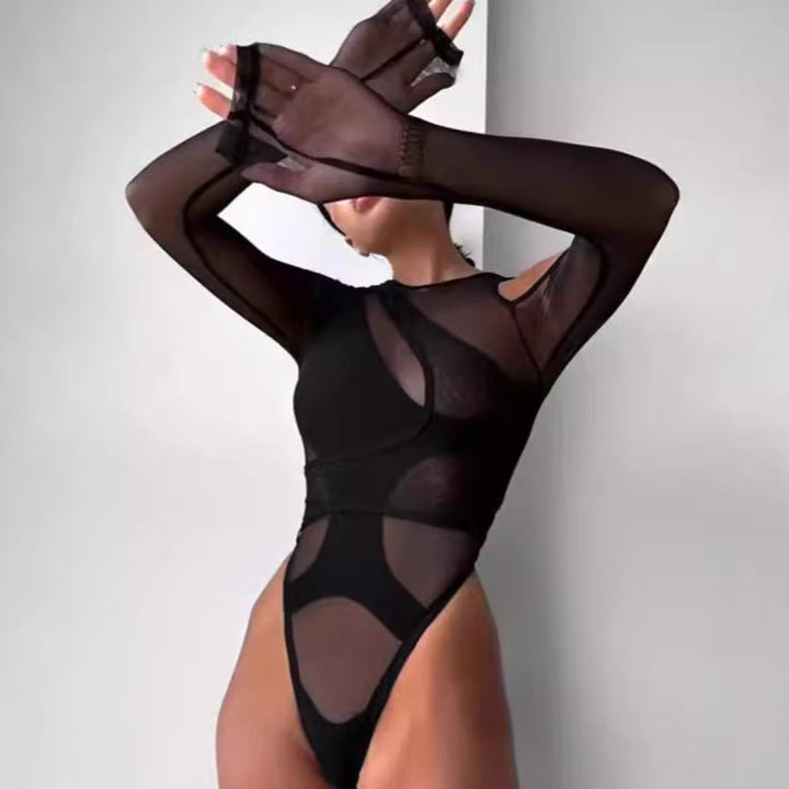 Damen Trendy Bodysuit mit asymmetrischem Design und transparenten Einsätzen