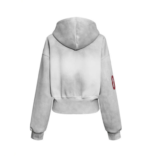 Damen Kurz geschnittene Zip-Hoodie aus French Terry mit gepunkteter Kapuzenfütterung und Wappen-Stick Nord Taschen
