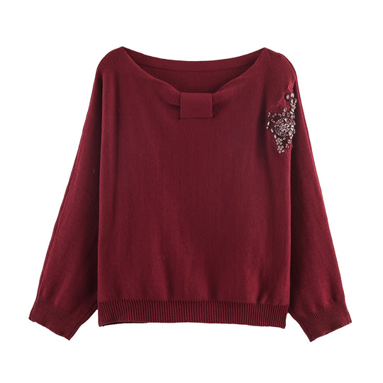 Damen Feinstrick-Pullover mit breitem U-Boot-Ausschnitt und Perlenapplikation Nord Taschen