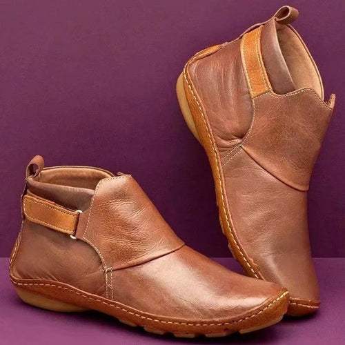 Damen Knöchelhohe Schlupf-Boots aus softem Lederimitat mit verstellbarem Klettriemen und handgenähter Mokassinnaht Nord Taschen