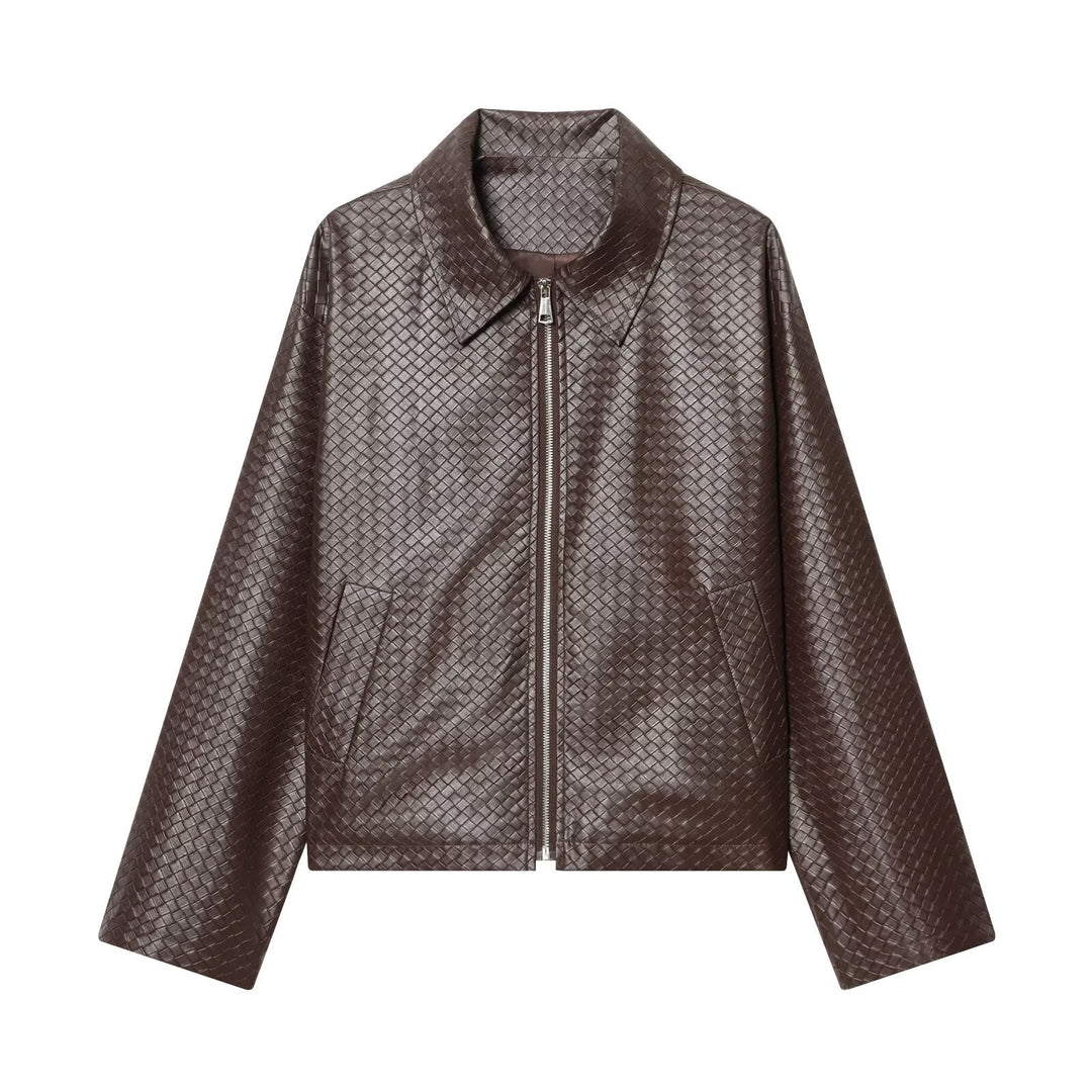 Damen Kurze Boxy‑Jacke aus geflochten wirkendem Kunstleder mit Hemdkragen und Frontreißverschluss Nord Taschen