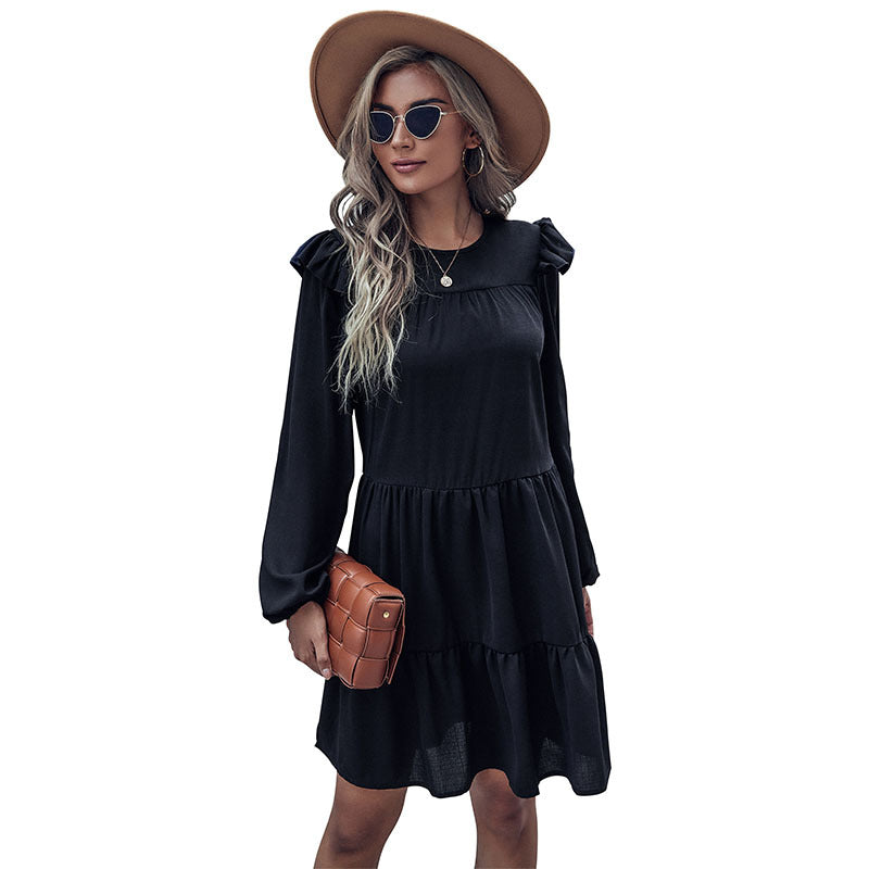 Damen Stufiges Minikleid mit Rüschen-Schultern und Langarm Nord Taschen